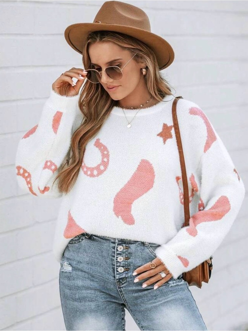 Western Sweater White Crewneck Sweater with Pink Western Motif